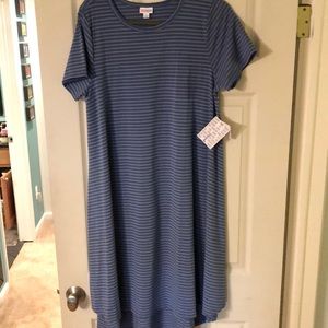 Lularoe Carley dress with grey and blue stripes
